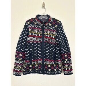 Laundromat Canada Knit Full Zip Sweater Jacket Blue Wool Fair Isle Women Medium